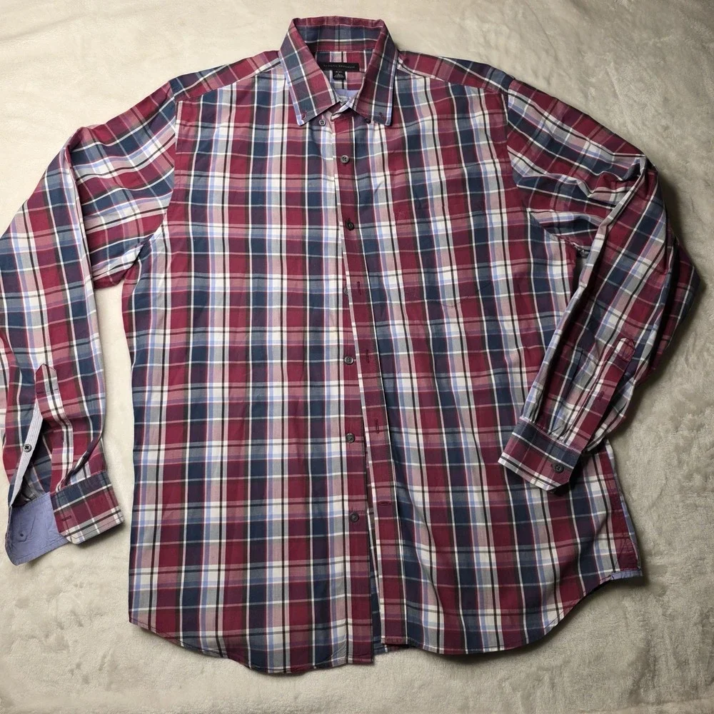Banana Republic Linen Shirt Mens‎ Large Red Plaid Button Up made in Bangladesh